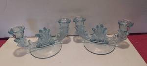 lot 130 image: 2 MCM 8 aqua marine glass double candlestick