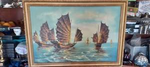 lot 177 image: MCM 28 x 40 painting of ships.  Has scuffing on frame