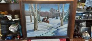 lot 179 image: 1989 27 x 33 framed painting with glass.  rough corners on frame