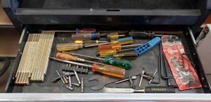lot 22 image: Lot of Misc. Tools, Screwdrivers, Folding Measuring Sticks, Driver Bits, Hex Key Sets & More