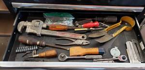 lot 23 image: Lot of Misc. Tools, Pipe Frence, Socket Wrenches, Driver Bits, Pliers, Shears, Screw Gauges & More