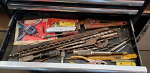 lot 24 image: Lot of Misc. Tools, Drill Bits, Chisels, Pliers, Pipe Wrench & More