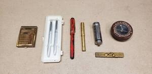 lot 172 image: Lot of Vintage Collectibles, Pens, Military Compass, Address Case, Dime Coin Holder