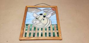 lot 188 image: Stained Glass Pig At The Fence, Framed 17 x 15