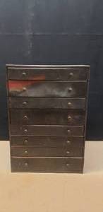 lot 195 image: Antique Metal 8 Drawer Carbureter Parts Cabinet, 23x 16x 12