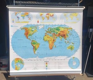 lot 127 image: Vintage Nystrom Pull Down Triple Map, World (2 Versions) & United States, Excellent Condition