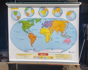 lot 129 image: Vintage Nystrom Pull Down Double Map, World & United States, Excellent Condition