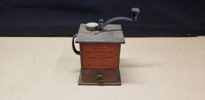 lot 318 image: Antique Wood & Cast Iron Belmont Hardware Co. Hand Crack Coffee Mill  Grinder