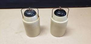 lot 328 image: Lot of 2 Very Early The Weir toneware Crocks w Original Black Glass Lids, Dated 1892