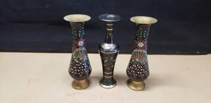 lot 330 image: Lot of 3 Brass Under Handed Painted Vases
