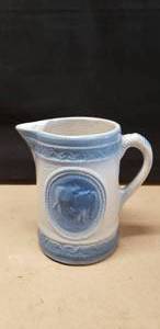 lot 333 image: Antique Salt Glazed Blue & White Stoneware Pitcher w Grazing Cows