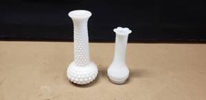 lot 334 image: Lot of 2 Milk Glass Vases, EO Brody Co Hobnail Vase& Randall Ribboned Vase