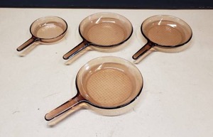 lot 359 image: Lot of 4 Vision Corning Ware France Waffle Bottom Skillets, 10, 10, 9 & 7