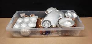 lot 371 image: Large Tote Full of Misc Baking Pans, Tins & Cookie Cutters, Quite a Few are Solid Copper, Over 50 Pieces