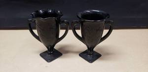 lot 386 image: Lot of 2 Gorgeous 1950s L.E. Smith Black Amethyst Dancing Nymph Vases, 1 Crimped Top & 1 Smooth