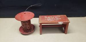 lot 431 image: Vintage Childs Wooden Step Stool and Ceramic Bird Feeder