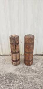 lot 434 image: Lot of 2 SOLID & HEAVY Wooden Posts.  Metal Banded & VERY Sturdy.