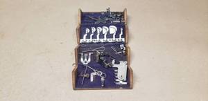 lot 437 image: Late 1800s Wooden Puzzle Box Sewing Kit w Attachments