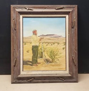 lot 449 image: Vintage Acrylic on Canvas Framed Dirt Farmer Portrait.  Signed R. Baker