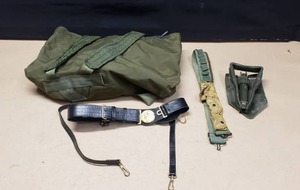 lot 455 image: Lot of Misc. Military Items.  Duffle Bag, US Navy Officer Ceremonial Sword Belt, Vintage Ammo Belt & Trenching Shovel