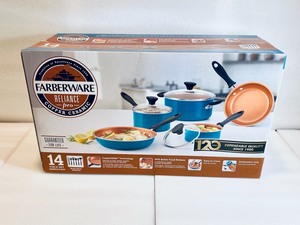lot 20 image: New Farberware Reliance Pro Copper Ceramic 14pc Nonstick Cookware Set with Prestige Tools, Aqua