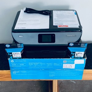 lot 70 image: HP Envy Photo Printer Model 7164 in Black W Newly Installed 64 Black and Tri-Color Ink