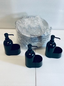 lot 73 image: Lot of 4 - (3) New Plastic Soap Dispensers with Sponge Holder, Black 7.67 x 5.08 x 3 & (1) New 24 Piece 10.5 Plastic Dinner Plates, Gray Room Essentials