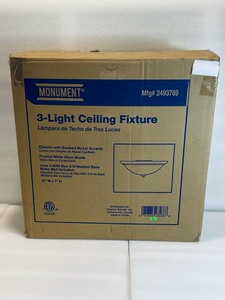 lot 88 image: New Monument, 3-Light Ceiling Fixture, Chrome with Brushed Nickel Accents & Frosted White Glass Shade Model #2493769 18 W x 7 H