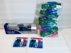 lot 99 image: Lot of 3 - (2) New Soft N Style Shortie Control Clips CD203, (1) New 6 Pack Fanta Sea Mesh Body Spopnges Pink, Purple & Blue & (1) Ultra Heat Helen Of Troy Professional 1-12 80 Watt Curling Iron