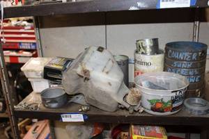 lot 45 image: Contents of Shelf mixed items. Includes self-tapping screws, Poultry Net Staples, washer screws, wood screws, see pics