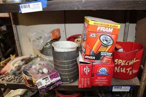 lot 46 image: Contents of Shelf mixed items. Includes Oil Filter, Solenoid, Regulator, and More, see pics