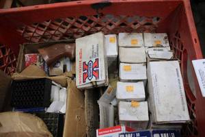 lot 113 image: Wooden Gun Handle, Rifle Cartridges, Empty Shells and Boxes