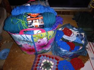 lot 182 image: Basket of Yarn and Crocheted Shapes