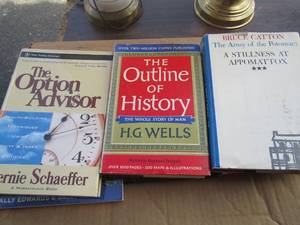 lot 37 image: Box of books includes, Outline of History, A Stillness at Appomattox, the Option Advisor and more