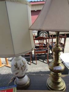 lot 34 image: Brass bedside lamp with shade 31tall with shade, table lamp white with fall design has shade with brass bottom base, 28 tall with shade