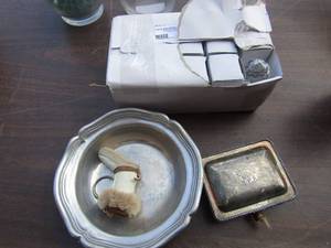 lot 38 image: Country ware silver plate bowl,  Major-AB-Adversis silver Tarnish resistant covered tray   box of crystal paper weights, Indian boot key chain