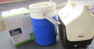 lot 64 image: Flush mount ceiling fixture NIB, 2 igloo coolers and drink coolers