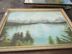 lot 97 image: 2840 framed canvas painting of mountain side no artist