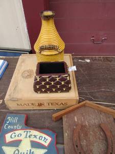 lot 132 image: Made in Texas wooden box, Brown ceramic purse look a like, yellow rustic look vase