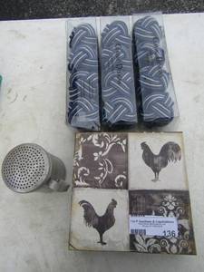 lot 136 image: Classic blue and silver napkin holders qty 3 boxes 4 per box, Rooster box napkin holder, Aluminum pepper shaker