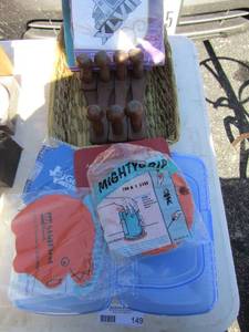 lot 149 image: Lid openers, wicker basket, napkins from super bowl, 2 plastic pinpencil holders