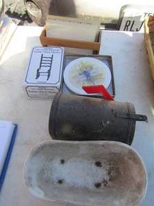 lot 150 image: Misc. lot of coasters, mini mailbox, mini baby McGees bath tub, Crate paper
