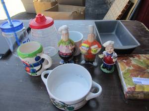 lot 168 image: kitchen lot includes bread pan, salt and pepper shakers, doubled handled soup dish and more