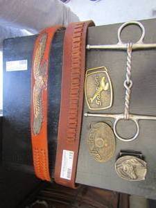 lot 178 image: Menswomens belt buckles qty 3 one has a horse, Snap On, Jim Beam-- 2 belts size unknown