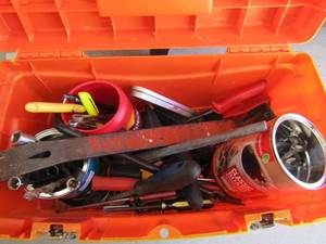 lot 184 image: Yellow homer tool box full of tools such as hammers, screw drivers, plyers and more