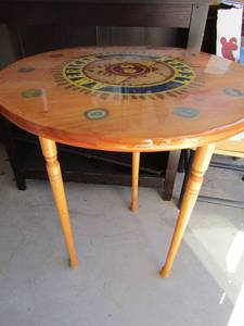 lot 183 image: American Legion oval solid wood table, screw on legs- 2924,   All gave some, some gave all wall wooden art soldier and gun art  348
