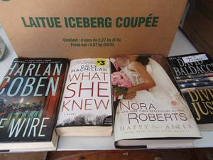 lot 191 image: Medium size box of books includes, Pearls are great, Nora Roberts, and David Baldacci and many more, paper back and hard back