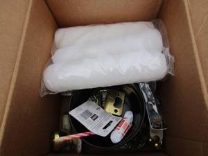 lot 205 image: Tool lot, tape measures, paint rollers new, door locks knobs-, hanging shelf hooks racks