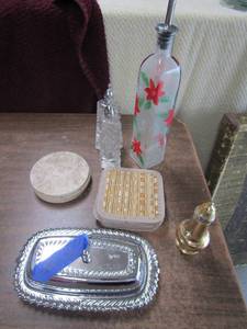 lot 42 image: Olive oil jar, covered butter dish, various coasters
