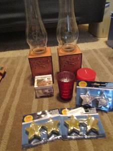 lot 98 image: Votive candle holders with glass globes, red candle, New Jasmine scent candle, 3 NIP 240 hour tea light candles